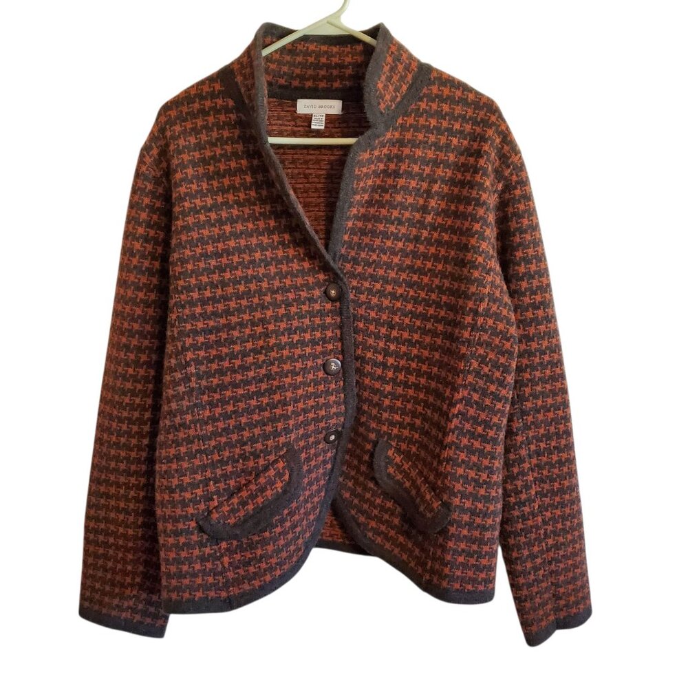 David Brooks‎ 100% Lamb Wool Orange Brown Houndstooth Cardigan XL